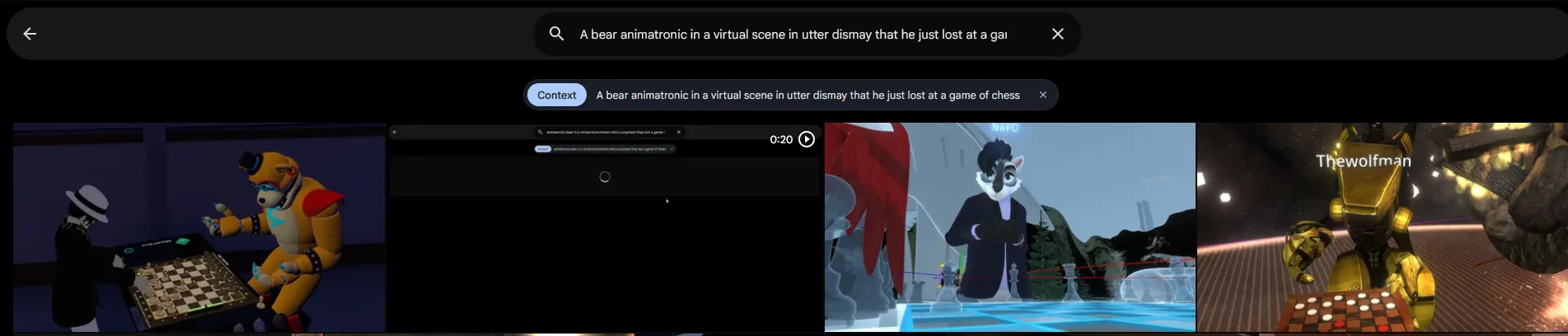 Immich web ui with a search for "a bear animatronic in a virtual scene in utter dismay that he just lost a game of chess". The first result is a VRChat screenshot of Glamrock Freddy losing a game of chess.