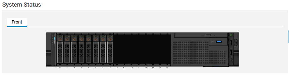 iDRAC 9 Screenshot of the front of the Dell server with the first 8 out of 16 drive bays filled and the last 8 empty.