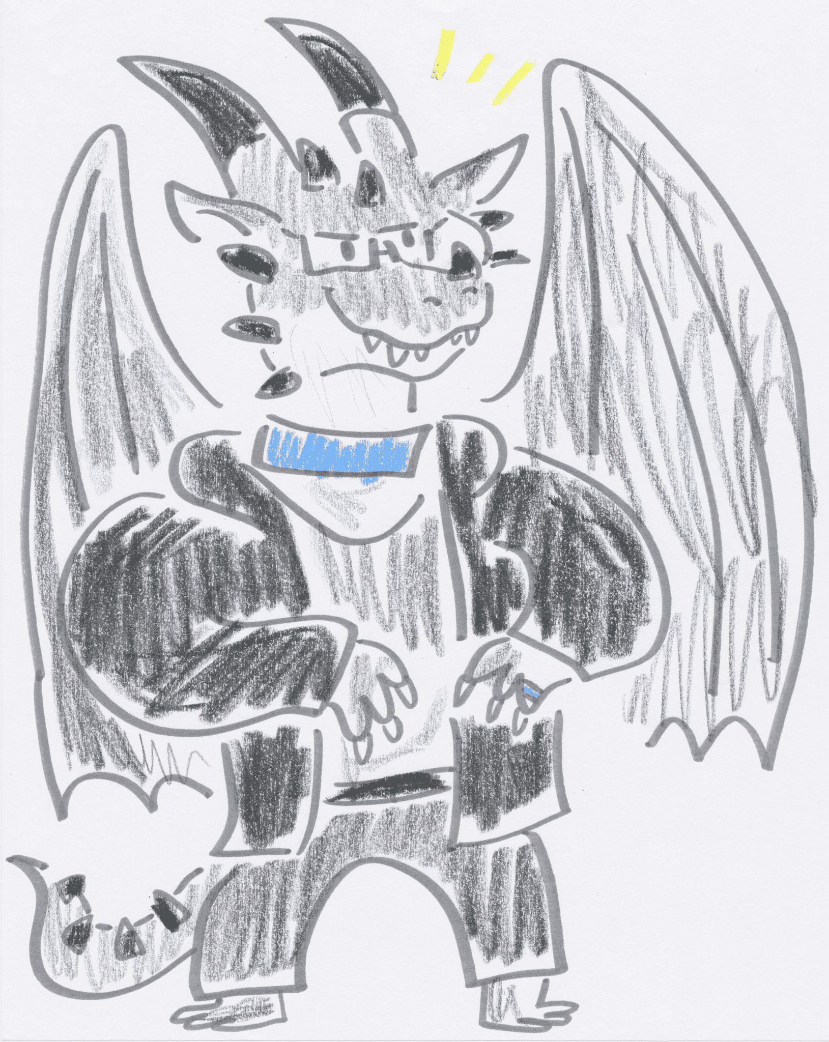 A 2d scan of a gray dragon wearing a blue collar done with markers and crayons in a crude style.